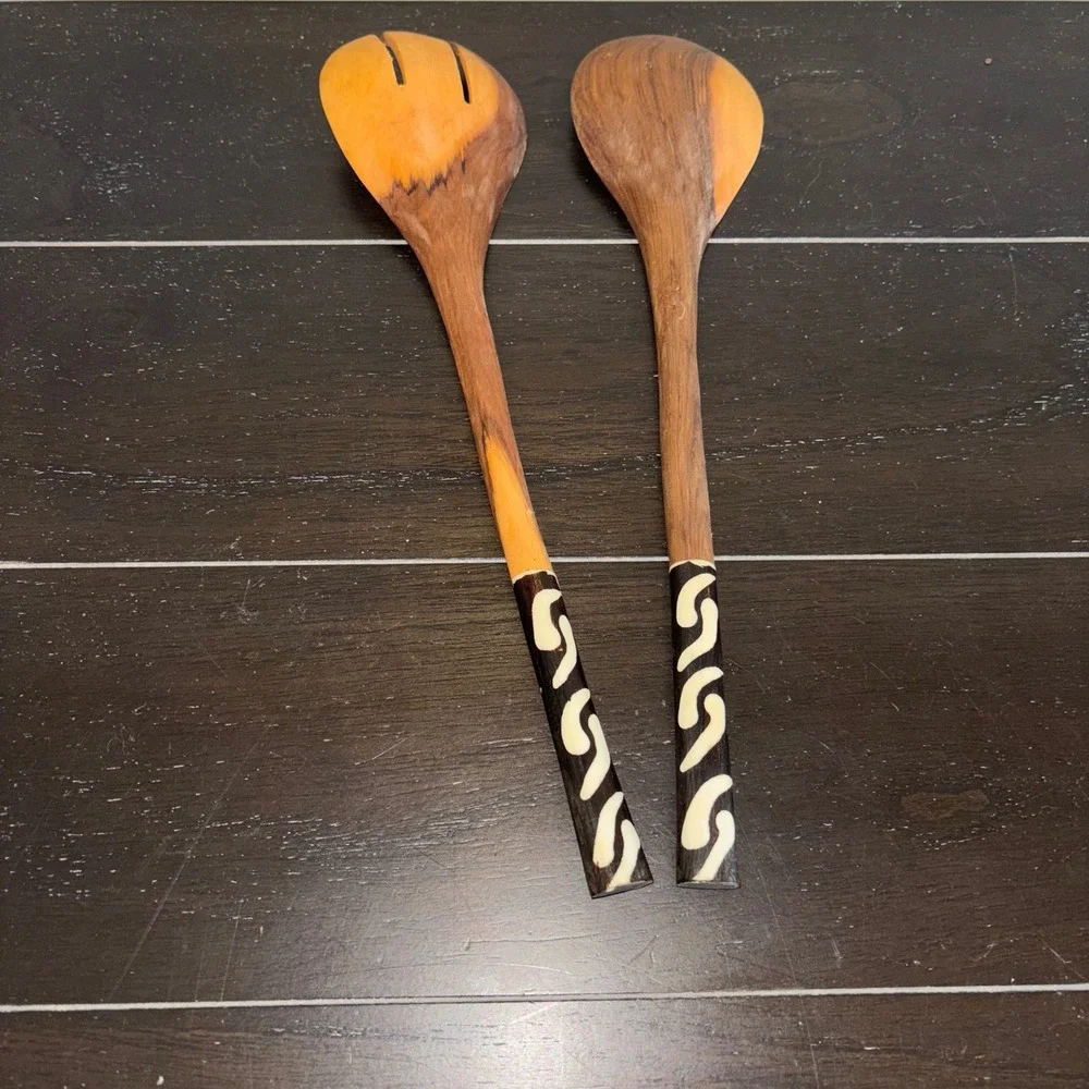 Artisan Wood Salad Servers‎ | Set of two| Black & White | Wood Serving Utensils